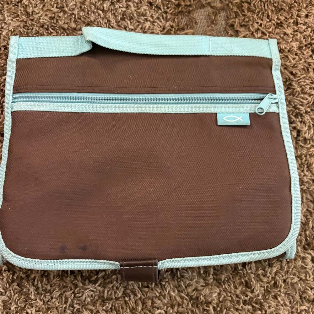 CrossWay Bible Cover Brown Teal Ichthys Fish Symbol Zippered Carrier Book Holder